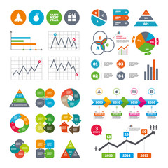 Happy new year sign. Christmas tree and gift box