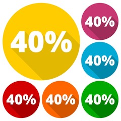 Discount forty (40) percent circular icons set with long shadow