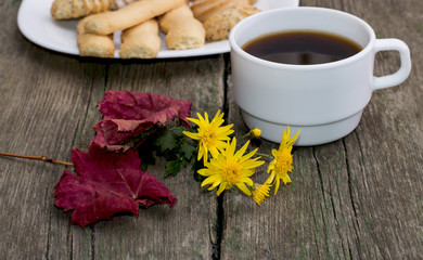 coffee, autumn leaf, flower and plate with sweets