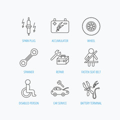 Accumulator, spanner tool and car service icons.