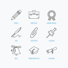 Graduation cap, pencil and diploma icons.