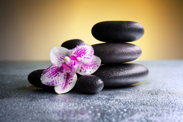 Naklejka na ściany i meble Black pebbles with orchid on grey table, close up