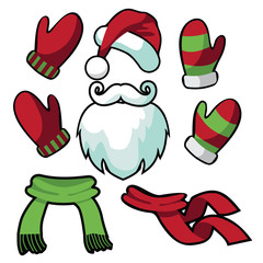 A collection of fun santa hat, mustache, beard, scarves and mittens. EPS 10 vector