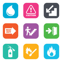 Fire safety, emergency icons. Extinguisher sign.
