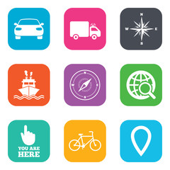Navigation, gps icons. Windrose, compass signs.