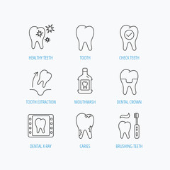 Tooth, dental crown and mouthwash icons. Caries.