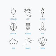 Newborn, heart and lab bulb icons. Ice cream.