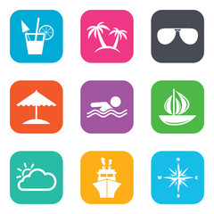 Cruise trip, ship and yacht icons. Travel signs.