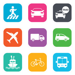 Transport icons. Car, bike, bus and taxi signs.