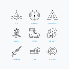 Park, fishing float and hiking boots icons.