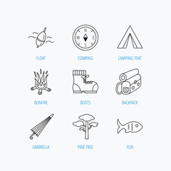 Pine tree, fishing float and hiking boots icons.