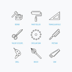 Scissors, paint roller and repair tools icons.