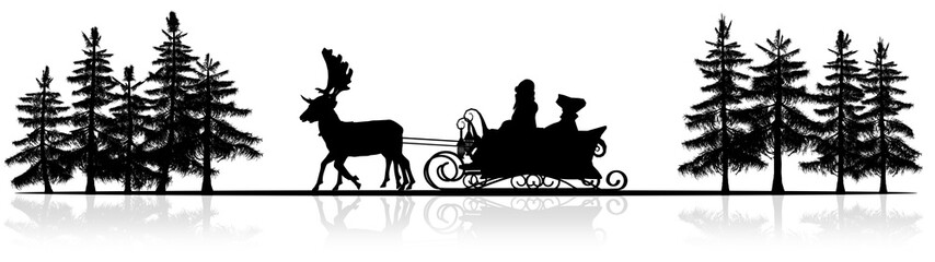 Christmas panorama - Santa Claus, sleigh, rendeers, trees - with reflection