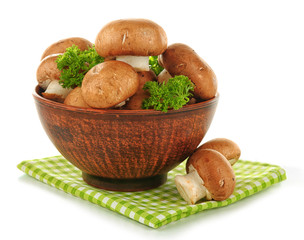 Mushrooms in bowl, isolated on white