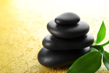 Spa stones and bamboo branch on a light background