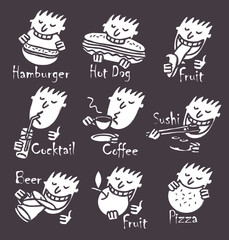 vector set of head eating different dishes