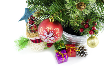 closeup image  of Christmas decoration with balls and fir branch isolate on white background