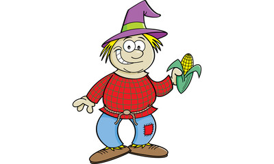 Cartoon illustration of a scarecrow holding an ear of corn.