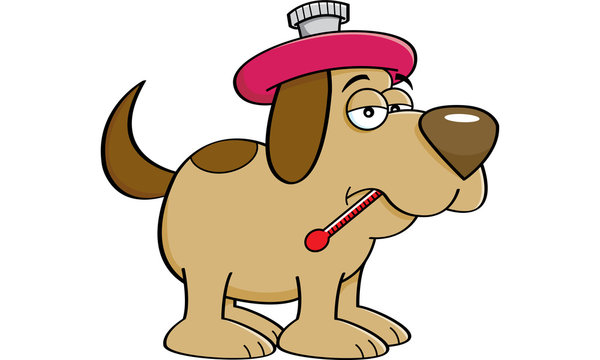 recommend clip art: Cartoon illustration of a sick dog with a thermometer.
