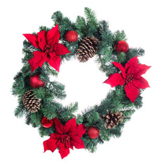 Fototapeta na wymiar Holiday Poinsettia Christmas wreath isolated on white background