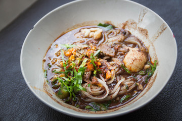 Close up thai spicy pork noodle