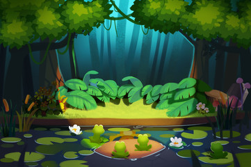 Illustration: Spotlight is Brightened in the Forest, What will Happen Next? Realistic Fantastic Cartoon Style Scene / Wallpaper / Background Design.