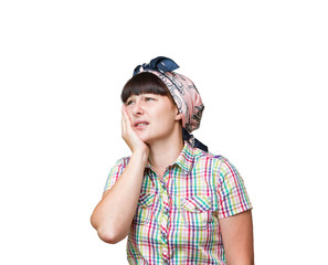 The woman is a housewife in a headscarf is suffering from a toot