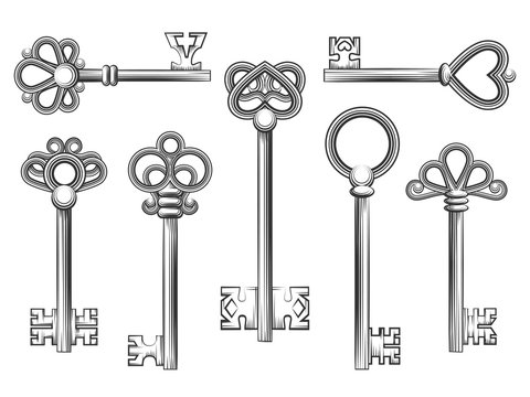 Vintage Key Vector Set In Engraving Style