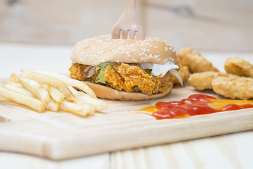 .Big hamburger, chicken nuggets and French fries
