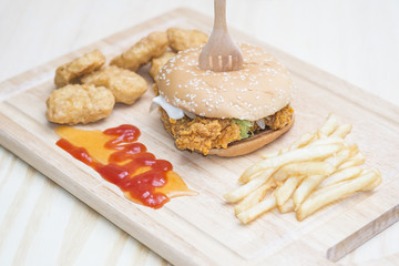 .Big hamburger, chicken nuggets and French fries