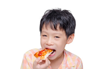 Little Asian child eating a piece of pizza