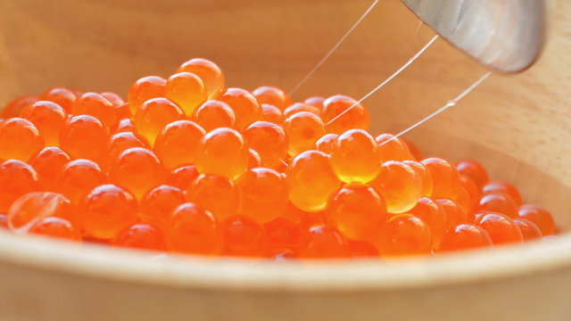 Fresh red caviar in 4K
