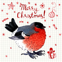 Vector watercolor  Merry Christmas greeting card with bird
