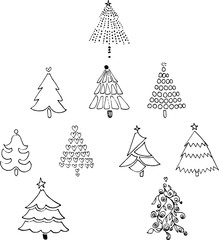 10 Christmas Trees Black and White Line art Drawing