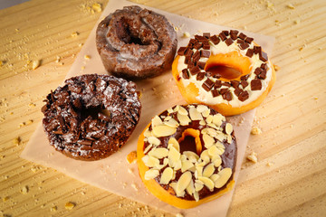 Donuts on wooden background