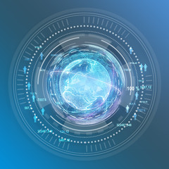 Digital generation of planet with world map. Blue background