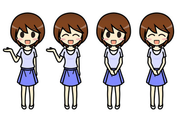 シンプルキャラクター　会話・表情イラスト集　私服（夏）　女性　案内
