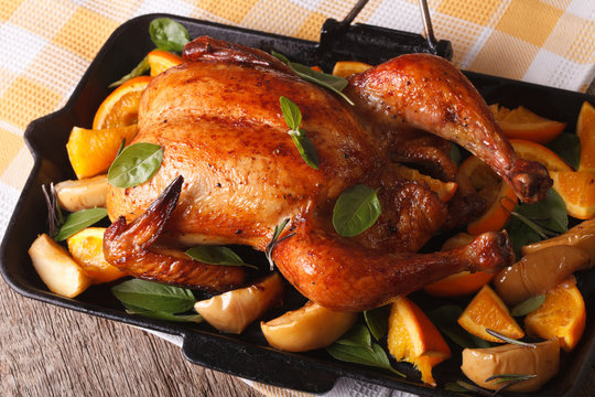 Christmas roast chicken with oranges and apples close-up in a pan. 
