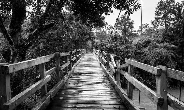 Blue wood bridge. Black and white
