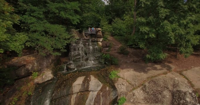 Aerial filming in picturesque and romantic dendrological park