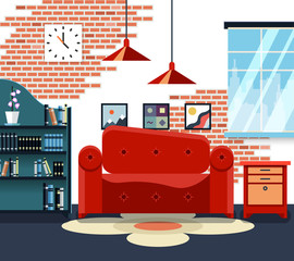 Living room with furniture and long shadows. Vector illustration