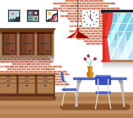 Dining room with furniture in flat vector style