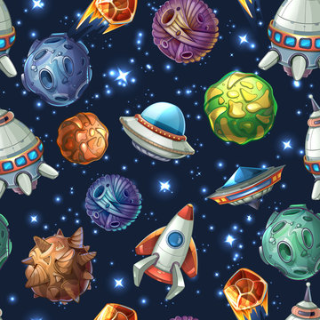 Fototapeta Comic space planets and spaceships. Vector seamless pattern