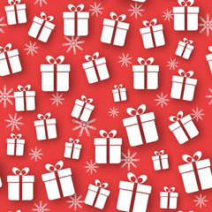 Seamless background with gift boxes and snowflakes