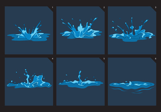 Blue water splashes vector frame set for game animation