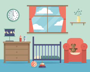 Obraz premium Nursery baby room interior with furniture in flat style