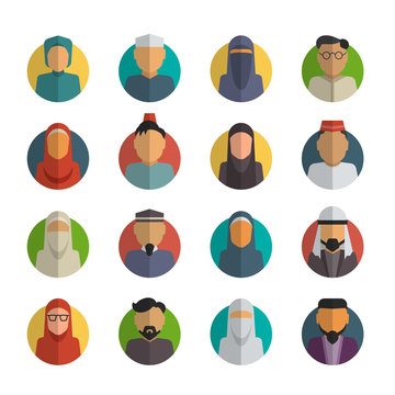 Middle eastern people flat icons set. Muslim male and female faces avatars vector collection