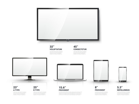 Realistic TV screen, Lcd monitor, laptop, tablet, mobile phone vector templates set