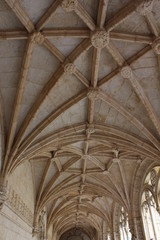Architectural detail of the vaulted ceiling of Jeronimos Monastery in Lisbon, Portugal