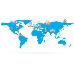 World map with landmarks on it. travel background